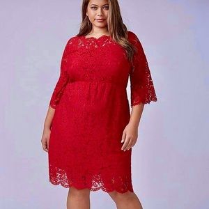 LANE BRYANT WOMEN'S RED SCALLOP EDGE FIT & FLARE LINED LACE DRESS